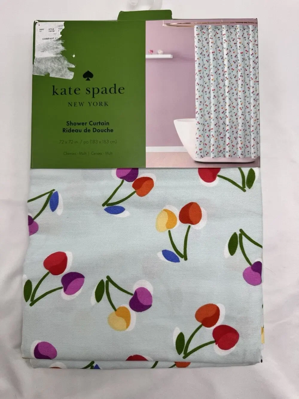 Kate Spade New York Blue Multi Color Cherries Fabric Shower Curtain Rainbow